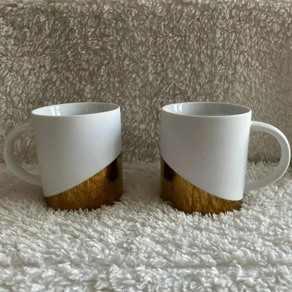 Two Starbucks Coffee/Tea Mugs 2012 Retired Matte White & Gold - 14 Oz